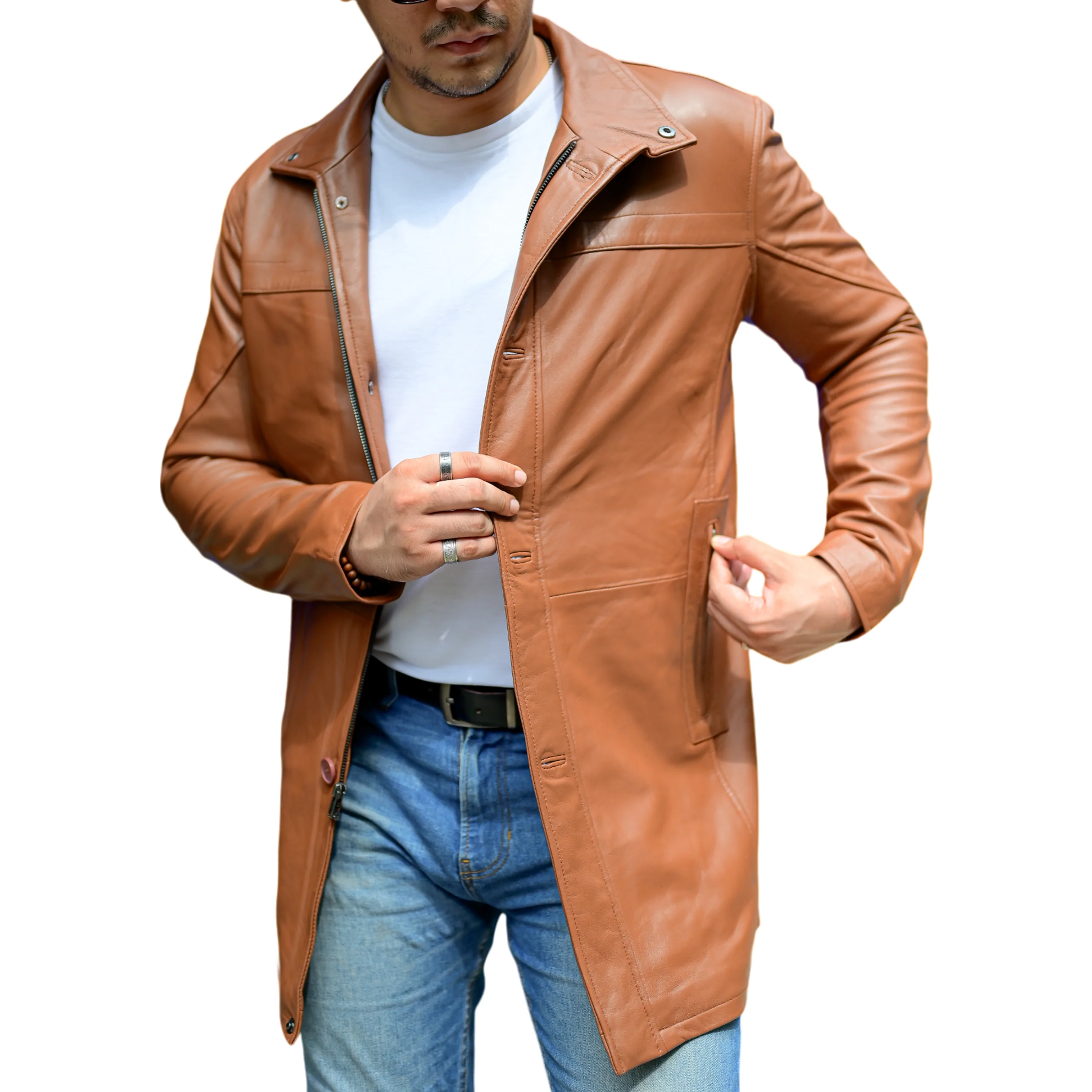 Jild 3/4 Length Cognac Trench Leather Car Coats for Men